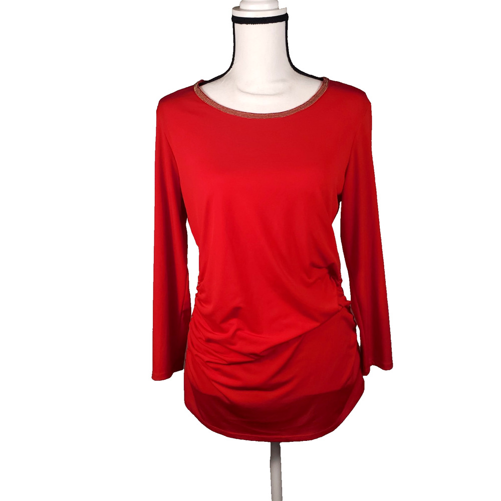 Ellen Tracy Red Ruched Long Sleeve Top Metallic Chain Detail L